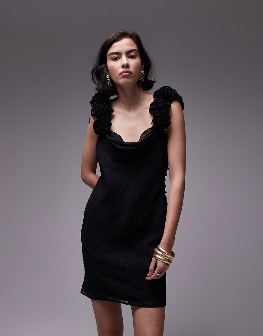 Topshop Slip Mini Dress With 3d Ruffle Sleeve In Black Jacquard Dot