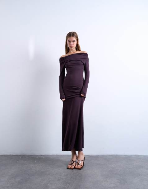 Topshop – Śliwkowa sukienka maxi z długimi rękawami i dekoltem bardot - view 1