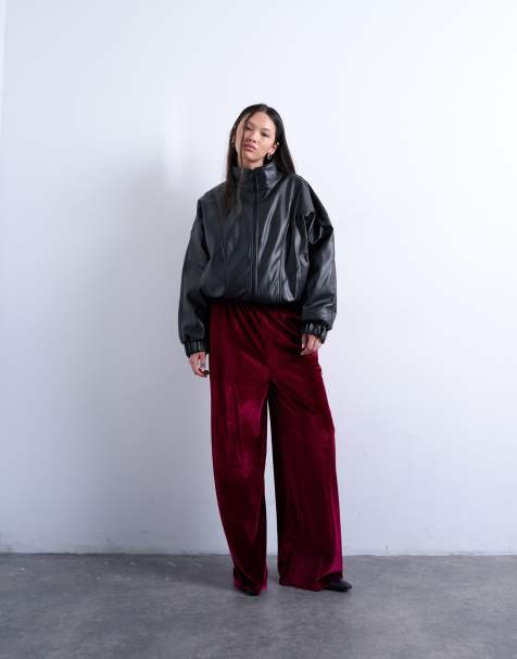 Topshop velvet wide leg pull on trouser in burgundy