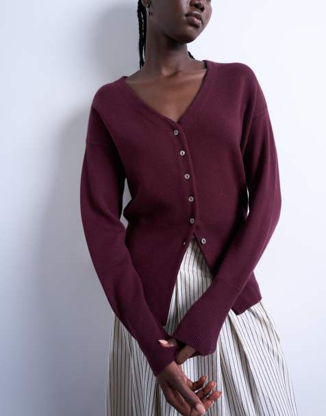 Topshop knitted V neck longline clean cinch waist cardigan in plum