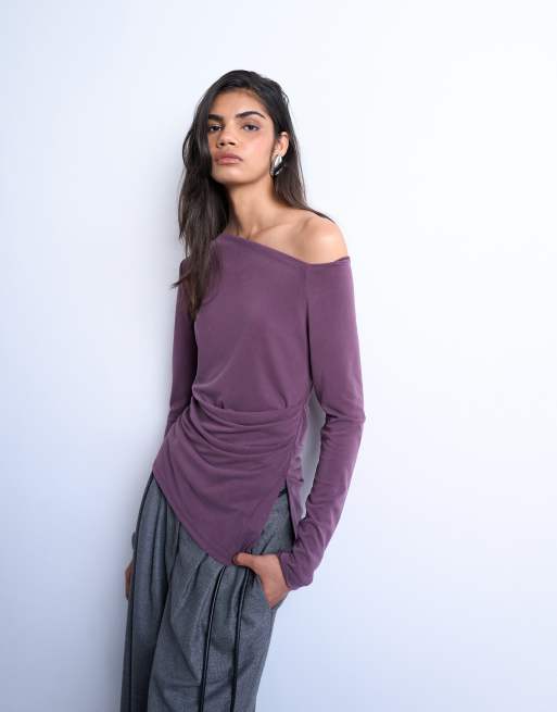 Topshop – Śliwkowy top z długimi rękawami z tkaniny cupro z marszczeniem