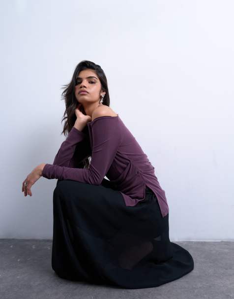 Topshop cupro off shoulder ruched long sleeve top in plum