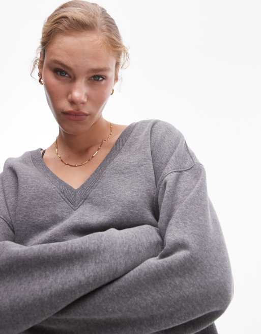 Topshop slouchy v neck sweat in gray heather, 2 of 4
