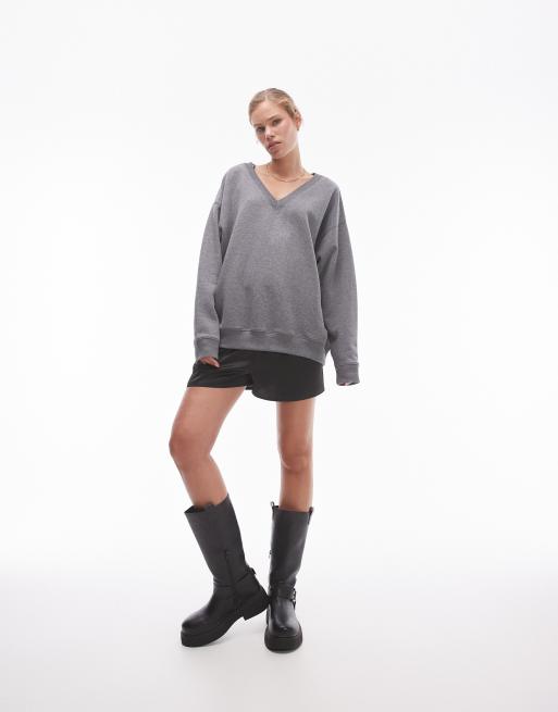 Topshop slouchy v neck sweat in gray heather, 4 of 4