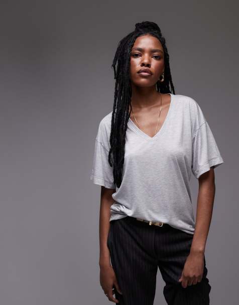 Topshop slouchy V-neck tee in gray heather - view 1