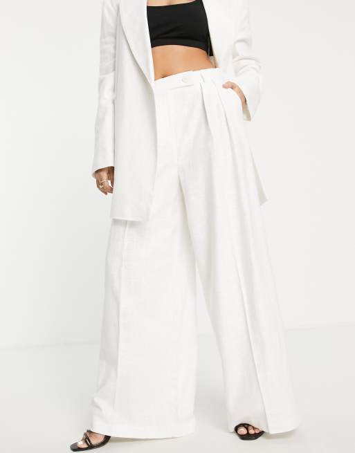 Topshop slouchy wide leg linen-blend pants in white (part of a set)