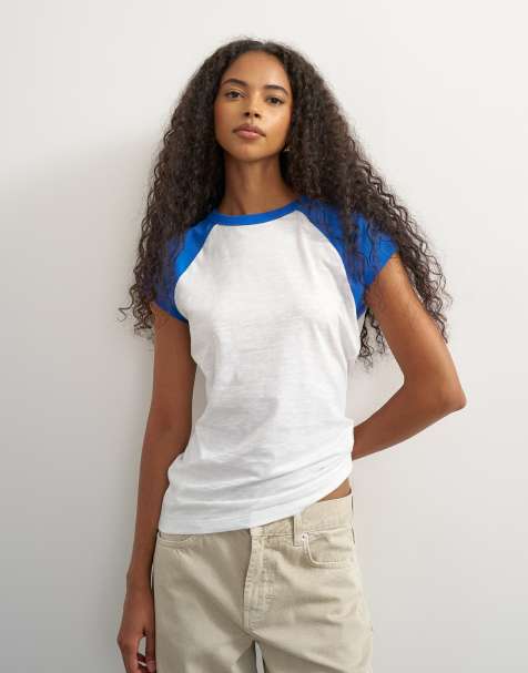 Topshop slubby farveblok raglan T-shirt i blå - view 1