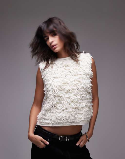 Topshop - Smanicato color avorio in maglia lavorata a mano con occhielli