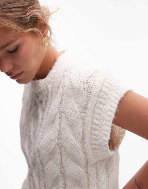 Topshop - Smanicato girocollo in maglia a trecce color avorio