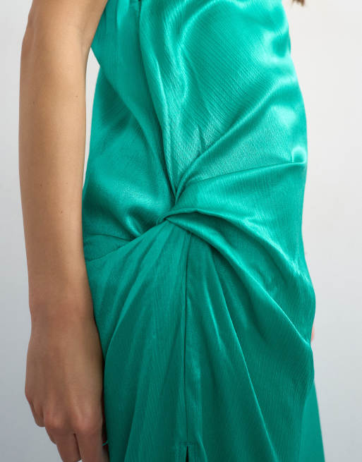Topshop – Smaragdgrön, ärmlös maxiklänning i satin med asymmetrisk drapering, 3 av 4