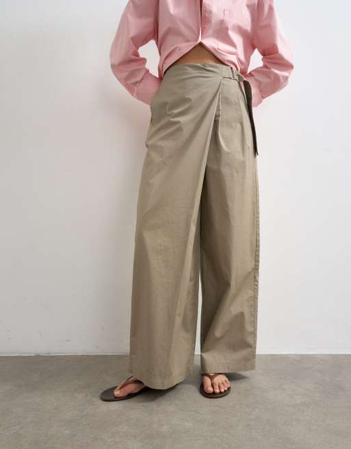 Topshop smart casual techy wrap buckle detail pants in mushroom, 3 of 5