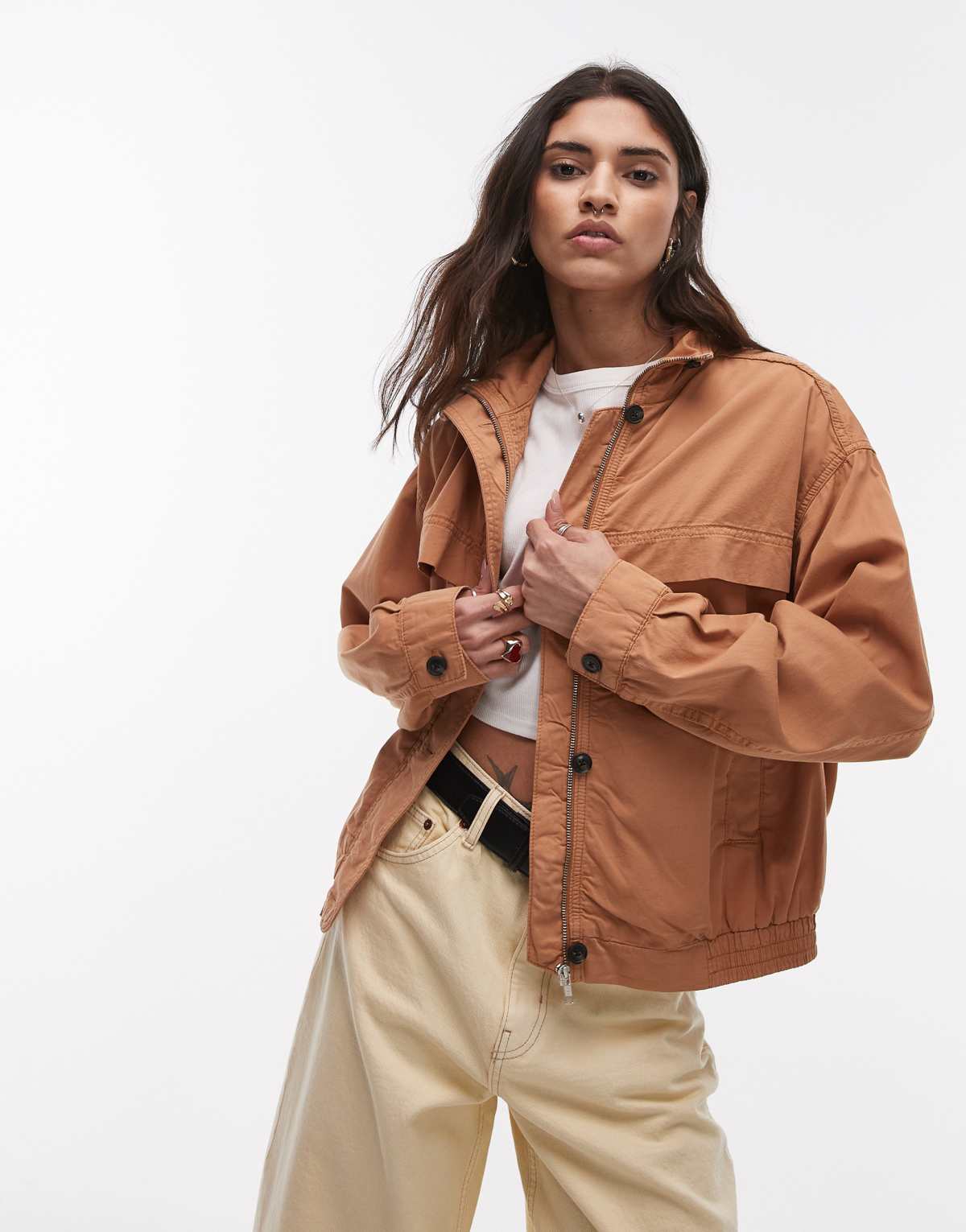 Topshop smart cotton bomber jacket in beige
