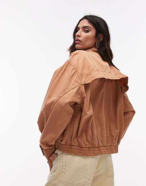Topshop smart cotton bomber jacket in beige, 3 of 4