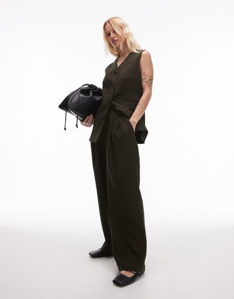 Topshop smart pleated sweatpants in dark green - view 1