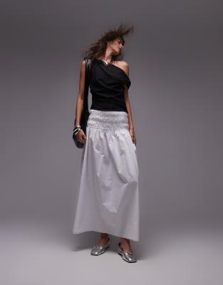 smocked waist maxi skirt in ivory with black topstitching-White