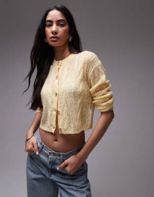 Topshop – Smörgul, kabelstickad, skir kofta - view 1