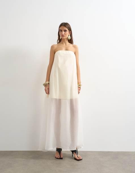 Topshop – Smörgul maxiklänning i organza och lager med bandeau-ringning - view 1