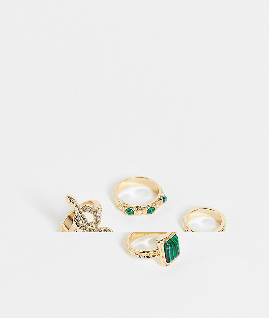 Topshop snake and crystal 4 x multipack rings in gold and green