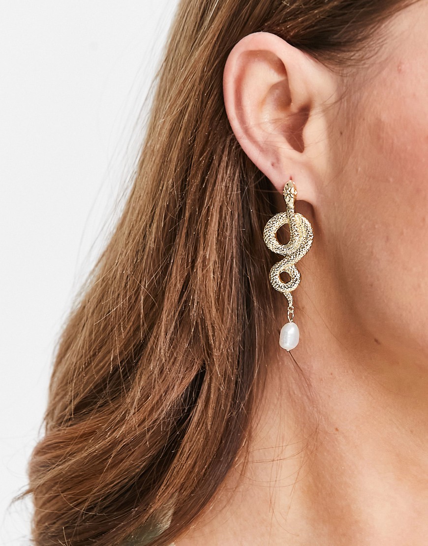 Topshop Snake Drop Earrings In Gold With Pearl Drop