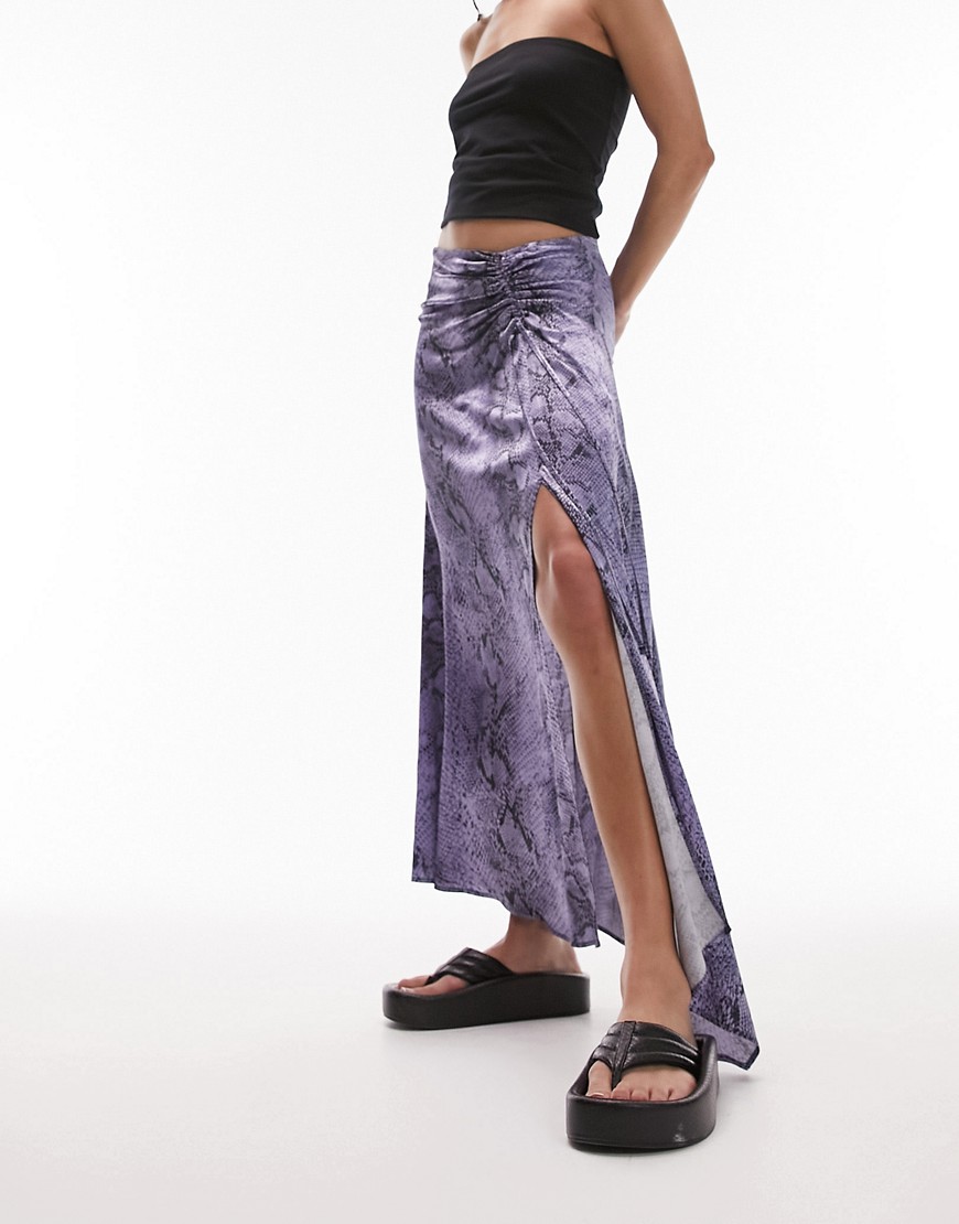 Topshop snake print ruched side midi skirt in purple