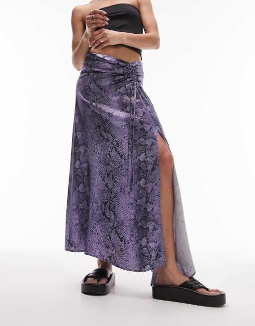 Topshop snake print ruched side midi skirt in purple