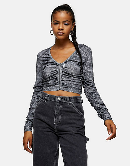 Topshop snake print ruched sleeve top in grey