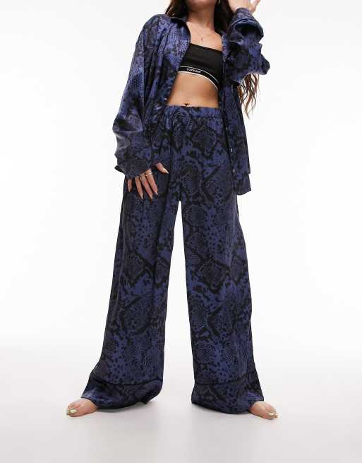 Topshop snake print satin piped shirt and pants pyjama set in navy