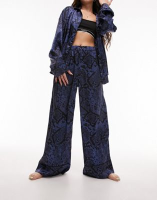 Topshop snake print satin piped shirt and trouser pyjama set in navy