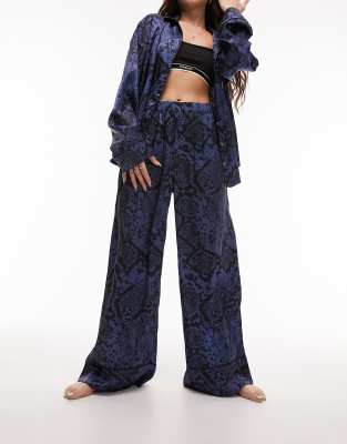 Topshop Topshop snake print satin piped shirt and trouser pyjama set in navy-Blue