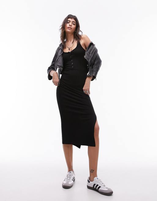 Topshop snap ribbed column dress in black