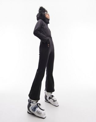 Topshop - Sno - Combinaison de ski avec capuche en fausse fourrure et ceinture - Noir | ASOS