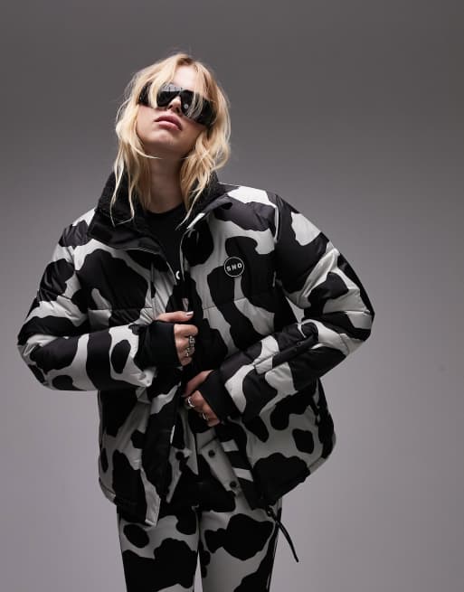 ASOS Topshop Sno cow print zip through borg fleece jacket in multi