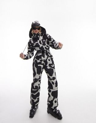 Topshop Sno cow print ski suit with hood in multi