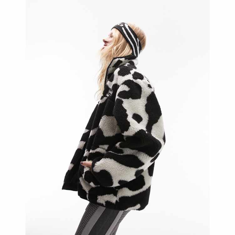 Topshop Sno cow print zip through borg fleece jacket in multi | ASOS