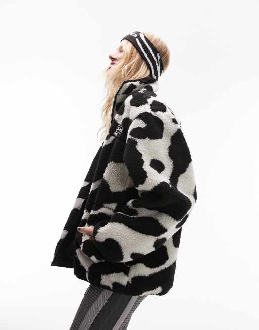 ASOS Topshop Sno cow print zip through borg fleece jacket in multi