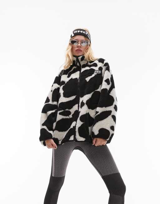 Topshop Sno cow print zip through borg fleece jacket in multi