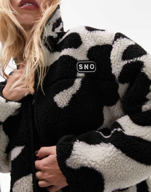 Topshop Sno cow print zip through borg fleece jacket in multi, 6 of 7