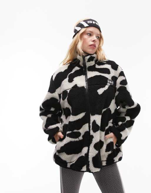 Topshop Sno cow print zip through borg fleece jacket in multi