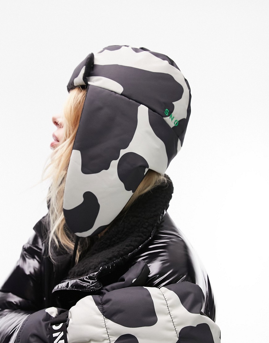Topshop Sno cow printed ski trapper hat in mono-Multi
