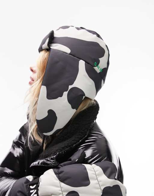 Topshop Sno cow printed ski trapper hat in mono