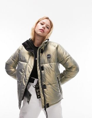 Topshop Sno high shine ski puffer jacket in gold metallic  - ASOS Price Checker