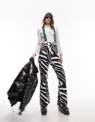 Topshop Sno Flared Ski Pants With Suspenders In Zebra Print-white