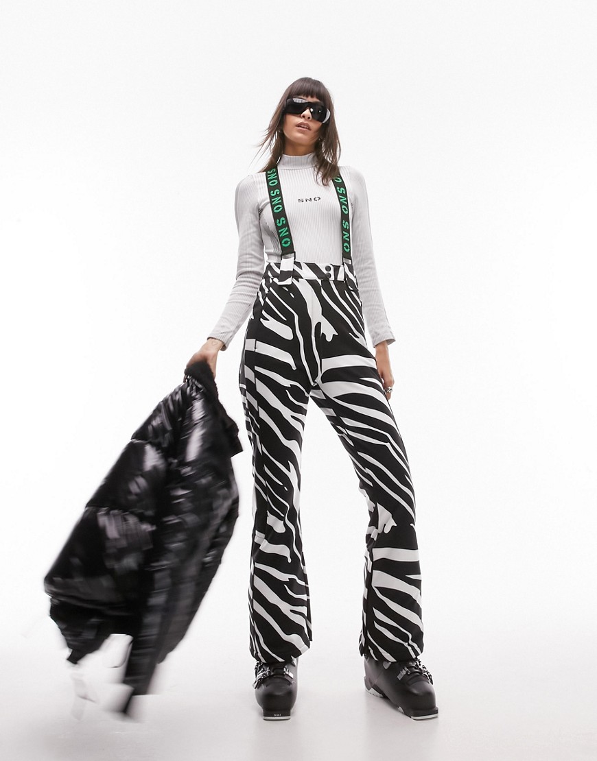 Topshop Sno flared ski trouser with braces in zebra print-White