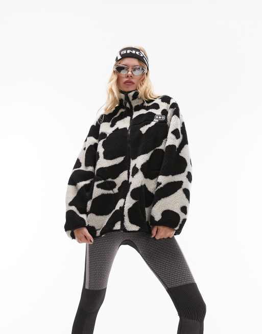 Topshop - Sno - Fleece jack van borg met rits en koeienprint in multi, 5 van 7