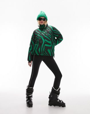 Topshop Sno funnel neck puffer ski jacket in green zebra print