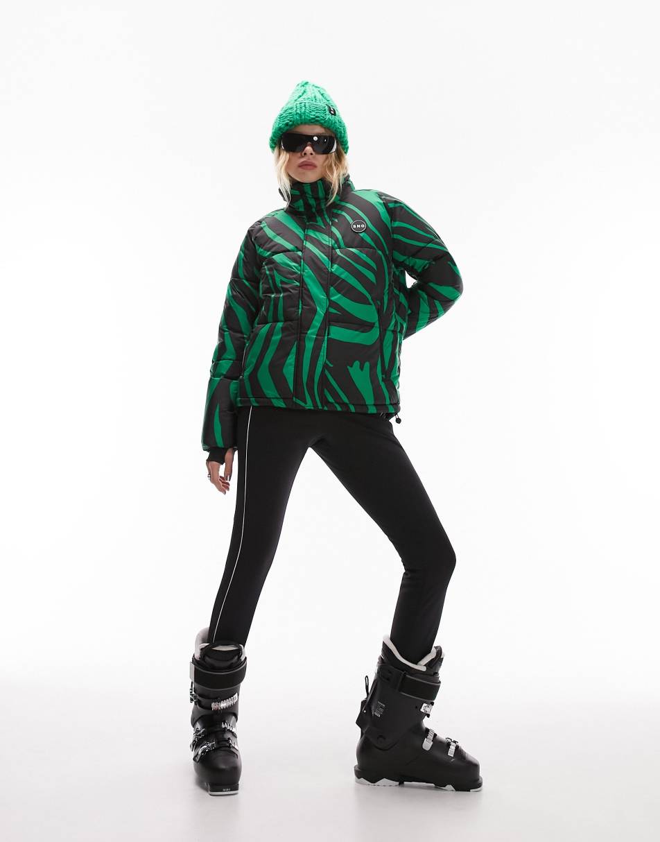 Topshop Sno funnel neck puffer ski jacket in green zebra print