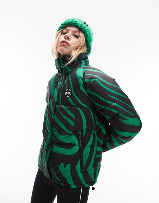 Topshop Sno funnel neck puffer ski jacket in green zebra print