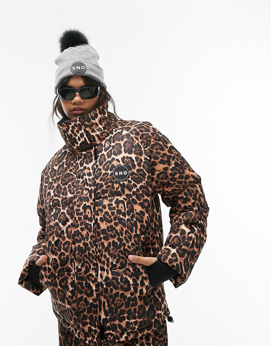 Topshop Sno funnel neck puffer ski jacket in leopard print-Multi