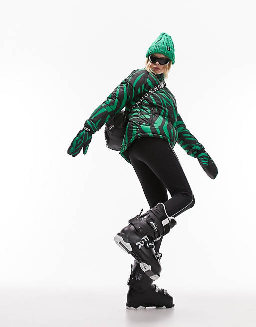 Topshop – Sno – Gesteppte Skijacke in Grün mit Zebramuster und Stehkragen |  ASOS