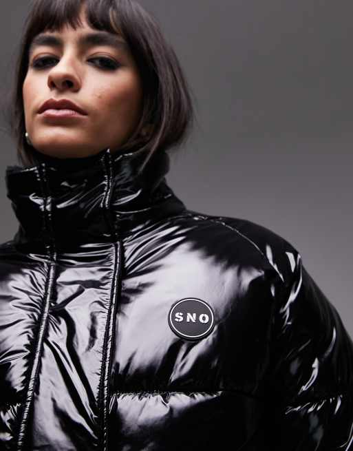 Topshop Sno high shine funnel neck puffer ski jacket in black